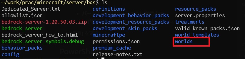 Minecraft Bedrock Serverのフォルダ内容の例